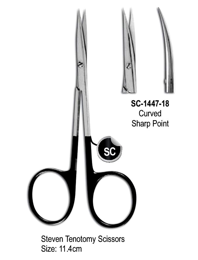 Steven Tenotomy Super Cut Scissor Curved Sharp Point 11.4cm with Black Color Rings