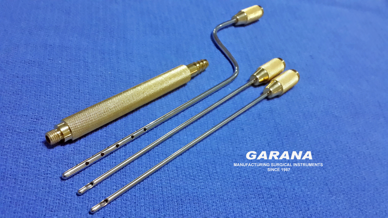 Liposuction Set of 3 Cannula & 1 Handle Gold Plated, Cannula Size 4mm L Shape & 3mm Straight