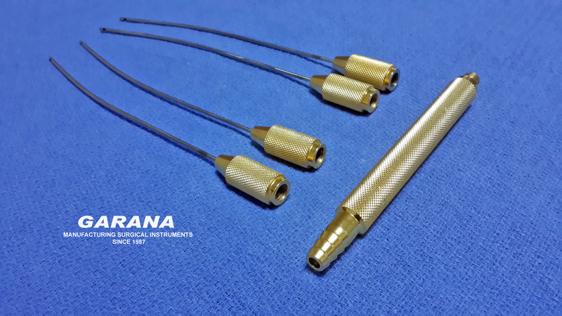 Liposuction Set of 4 Slight Curved Cannulas & 1 Handle Gold Plated, Canula Size 2mm