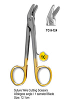 TC Suture Wire Cutting Scissor 45° Angle one Serrated Blade 12.1cm with Gold Plated Rings