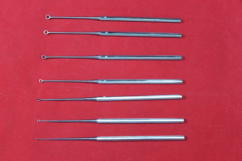 Buck Ear Curette Set of 7 Piece Sharp Point Round handle overall length 6.5"