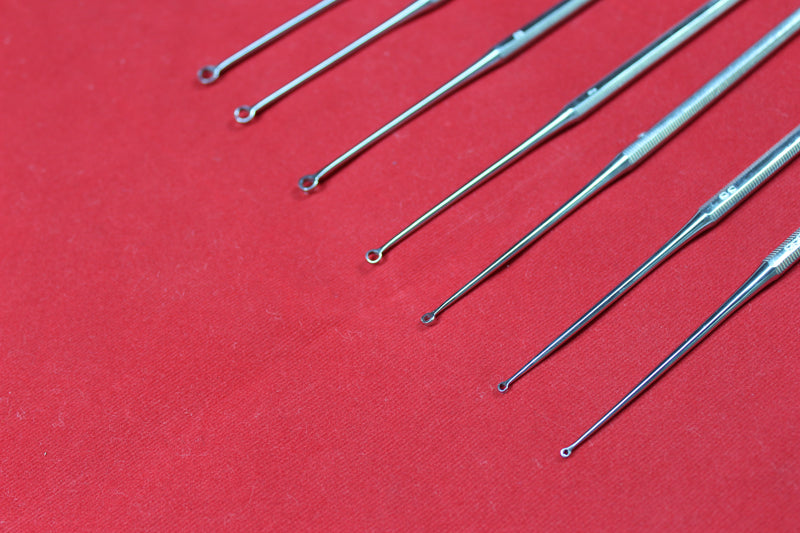 Buck Ear Curette Set of 7 Piece Sharp Point Round handle overall length 6.5"