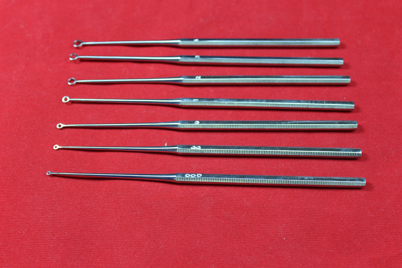 Buck Ear Curette Set of 7 Piece Blunt Point Round handle overall length 6.5"